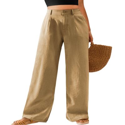 Feiersi Womens Casual Wide Leg Pants High Waisted Button Down Straight Long Trousers Palazzo Pants(Khaki,Large)