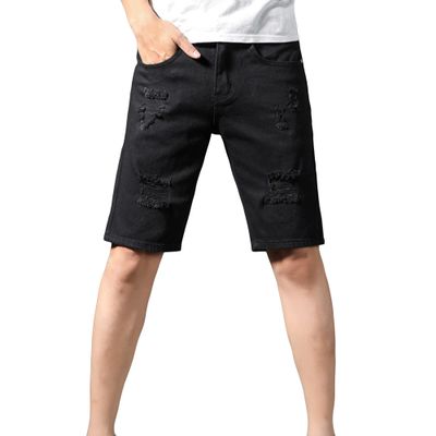 Men's Casual Straight Breathable Denim Shorts Cotton Ripped Jean Shorts Classic Slim Short Pants with Pockets (Black,32)