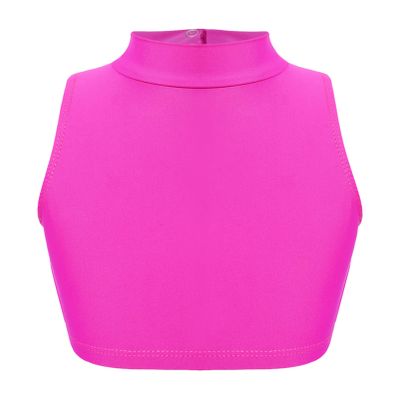 Alvivi Kids Girls Dance Tops Mock Turtle-Neck Crop Top Solid Color Shirts Sports Dance Athletic Vest Hot Pink 16 Years