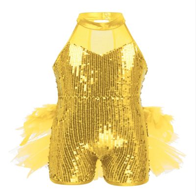 Alvivi Kids Girls Halter Neck Sequins Jumpsuit Ballet Dance Tutu Dress Jazz Performance Costume Suit Yellow A 10 Years