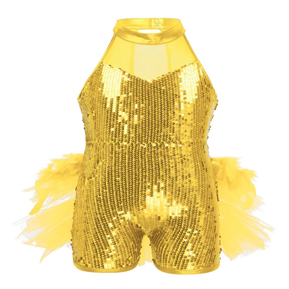 Alvivi Kids Girls Halter Neck Sequins Jumpsuit Ballet Dance Tutu Dress Jazz Performance Costume Suit Yellow A 10 Years
