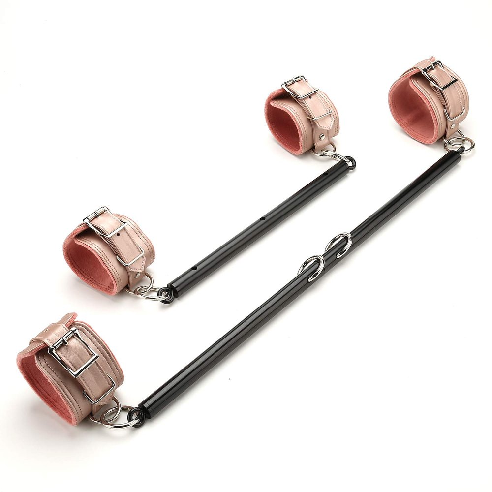 Sovyime 2pcs Silver Portable Restore Spreader Bar with 4pcs Fur Pink Adjustable Straps, Exercise Guide Pilates Sports Aid Training Fitness Gear, Home Yoga Gym Kit (2pcs Black+Pink Kit)