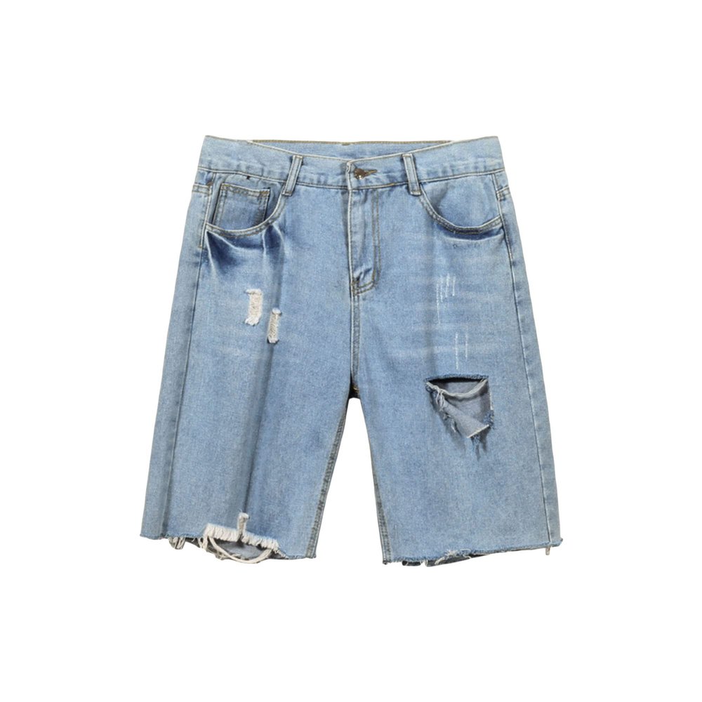 Maiyifu-GJ Men's Straight Washed Denim Shorts Blue Cotton Loose Short Pants With Pockets Ripped Casual Jean Shorts (Blue,Medium)