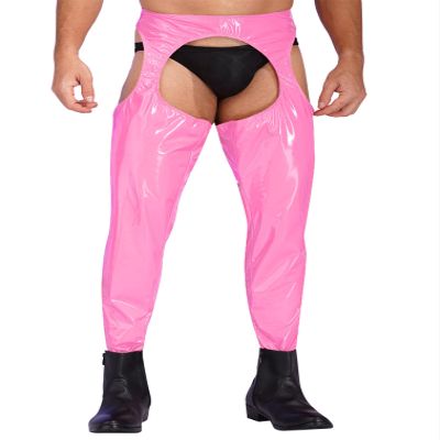 renvena Men's Wet Look Patent Leather Tights Skinny Pants Leggings Long Trousers Pink 4X-Large