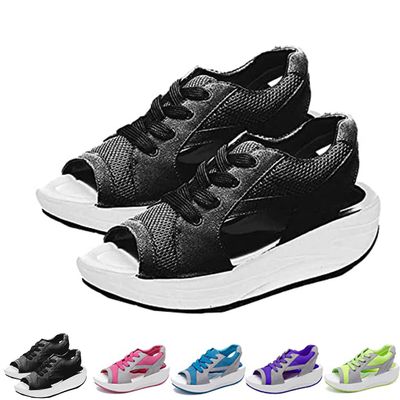 EROFEL Contrast Paneled Cutout Lace-Up Muffin Sandals, Summer Open Toe Platform Sandals, Women Causal Lace up Sandals (Black,US6)