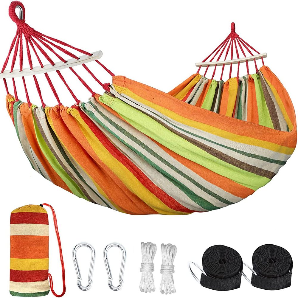 HUHJYUGE Camping Hammock, Double or Single Hammocks, Brazilian-Style Cotton Hammock, with Hanging Ropes & Carry Bag Large, for Outdoor, Travel, Hiking, Backpacking, Beach (A 260x100cm)