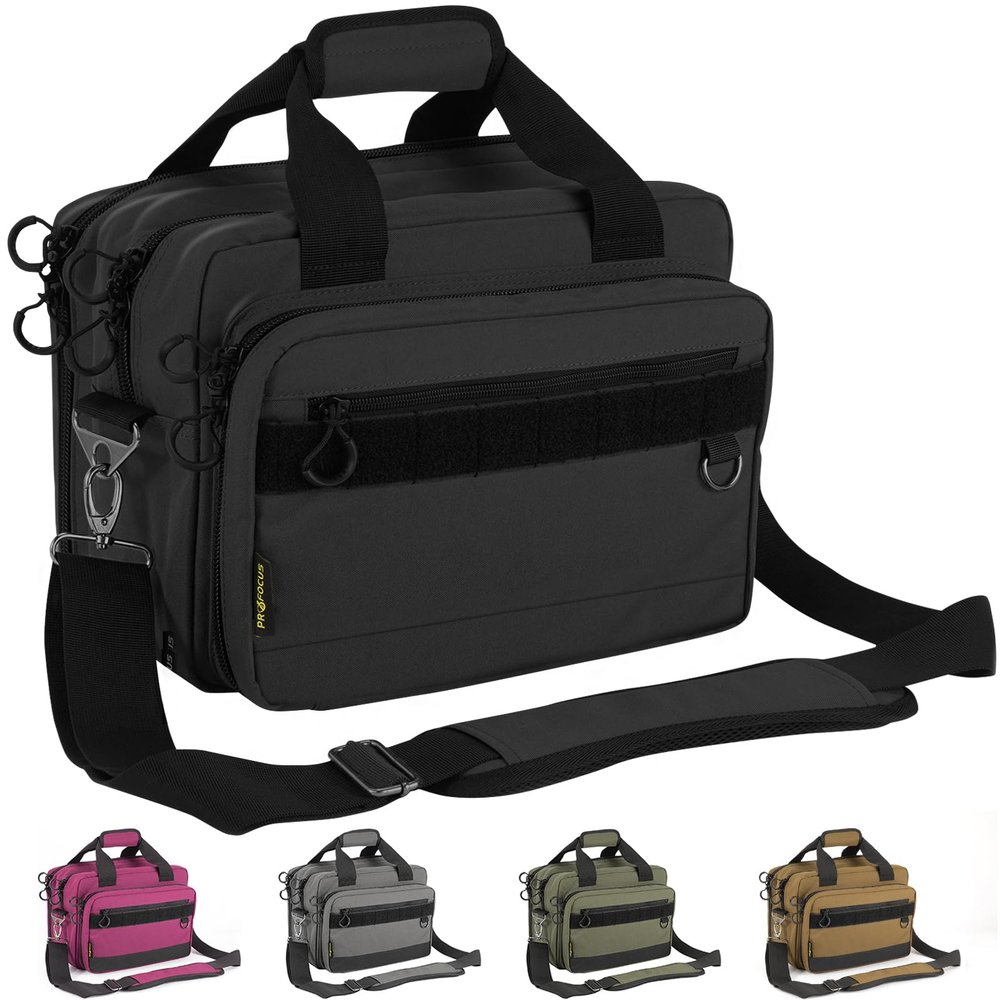 PROFOCUS Range Bag Dual Pistol Revolver Bag Gun Carrying Case for Guns and Ammo with Lockable Zippers for Outdoor Shooting and Hunting,Deluxe Padded Shoulder Strap Included