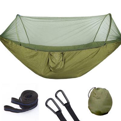 Large Camping Hammock with Mosquito Net, 2 Person Pop-up Parachute Lightweight Hanging Hammocks, Portable Hammocks with Tree Straps and Carry Bag, for Outdoor, Hiking (A)