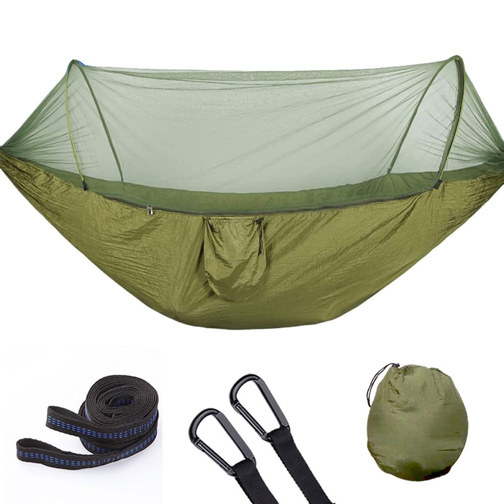 Large Camping Hammock with Mosquito Net, 2 Person Pop-up Parachute Lightweight Hanging Hammocks, Portable Hammocks with Tree Straps and Carry Bag, for Outdoor, Hiking (A)