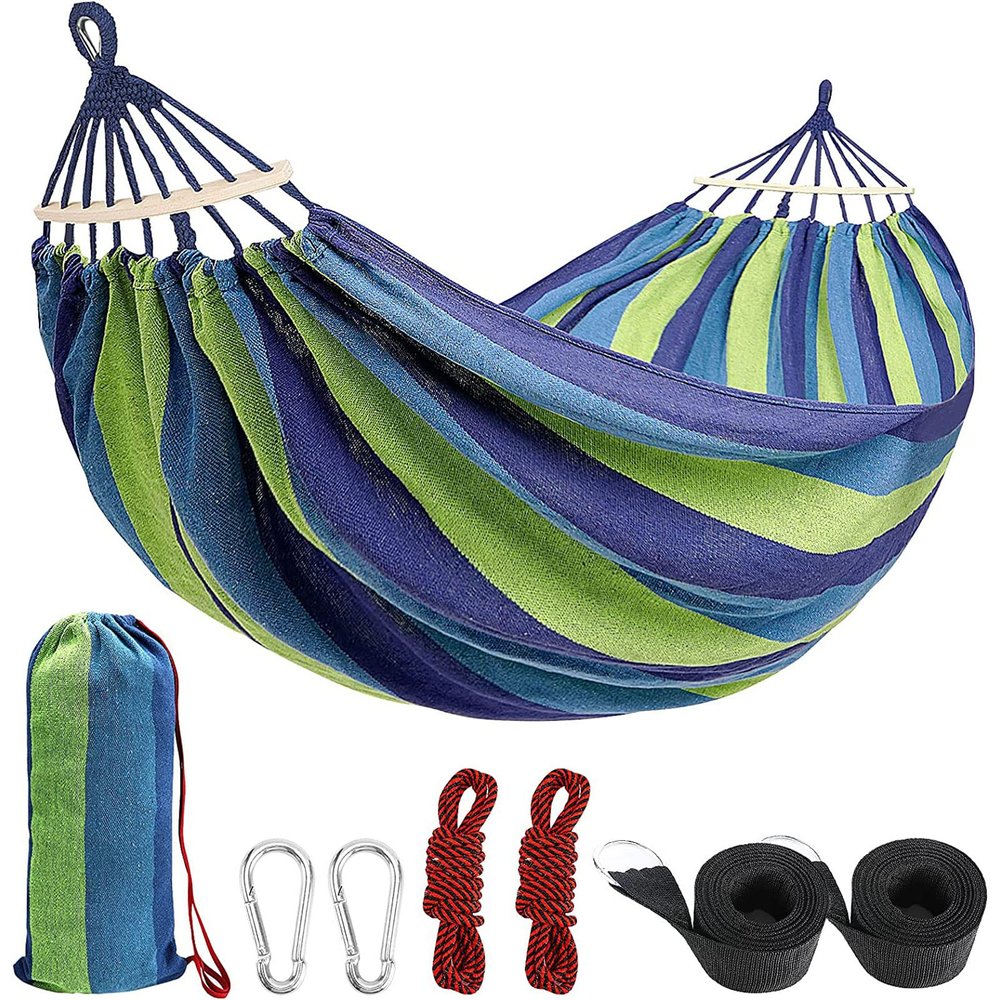 HUHJYUGE Camping Hammock, Portable Hammocks, Hammocks for Outside, Cotton Hammock with 2 Tree Straps and Carry Bag, for Outdoor Hiking, Backpacking, Travel, Backyard, Beach (A 260x150cm)