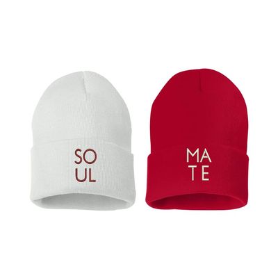 ALLNTRENDS Soulmate 2 Pcs Embroidered Beanie for Couples (RED-White)