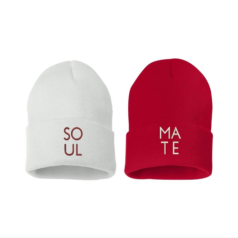 ALLNTRENDS Soulmate 2 Pcs Embroidered Beanie for Couples (RED-White)