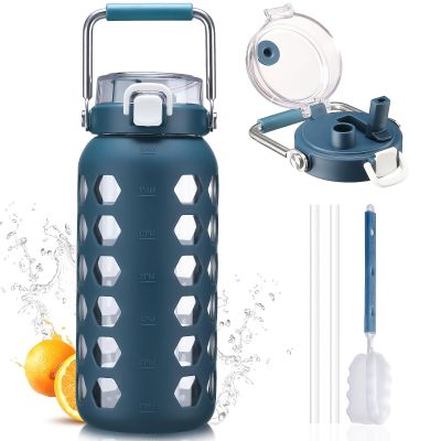 MUKOKO 64oz Glass Water Bottles with Straw and Lid,Half Gallon Water Bottle with Time Marker,Large Glass Water Jug with Silicone Sleeve and Stainless Steel Handle-Blue