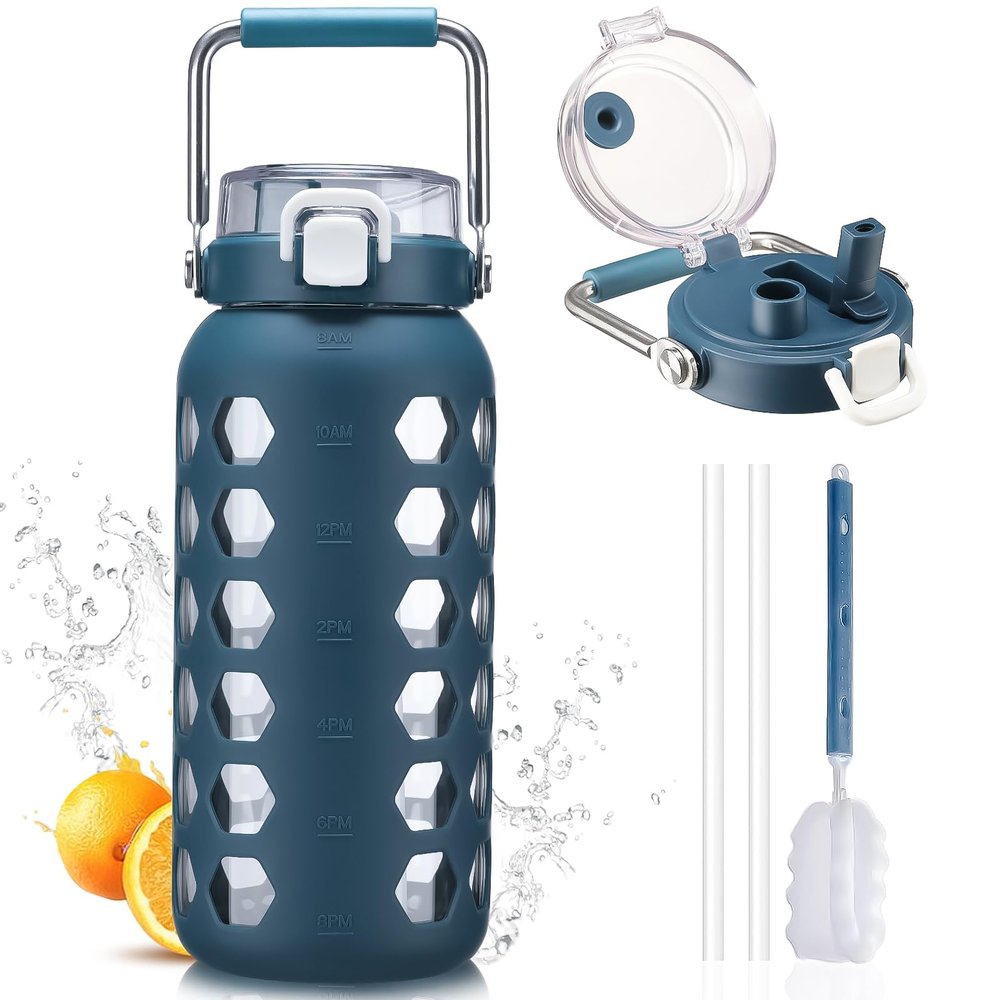 MUKOKO 64oz Glass Water Bottles with Straw and Lid,Half Gallon Water Bottle with Time Marker,Large Glass Water Jug with Silicone Sleeve and Stainless Steel Handle-Blue