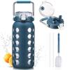 MUKOKO 64oz Glass Water Bottles with Straw and Lid,Half Gallon Water Bottle with Time Marker,Large Glass Water Jug with Silicone Sleeve and Stainless Steel Handle-Blue view 1