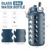 MUKOKO 64oz Glass Water Bottles with Straw and Lid,Half Gallon Water Bottle with Time Marker,Large Glass Water Jug with Silicone Sleeve and Stainless Steel Handle-Blue view 3