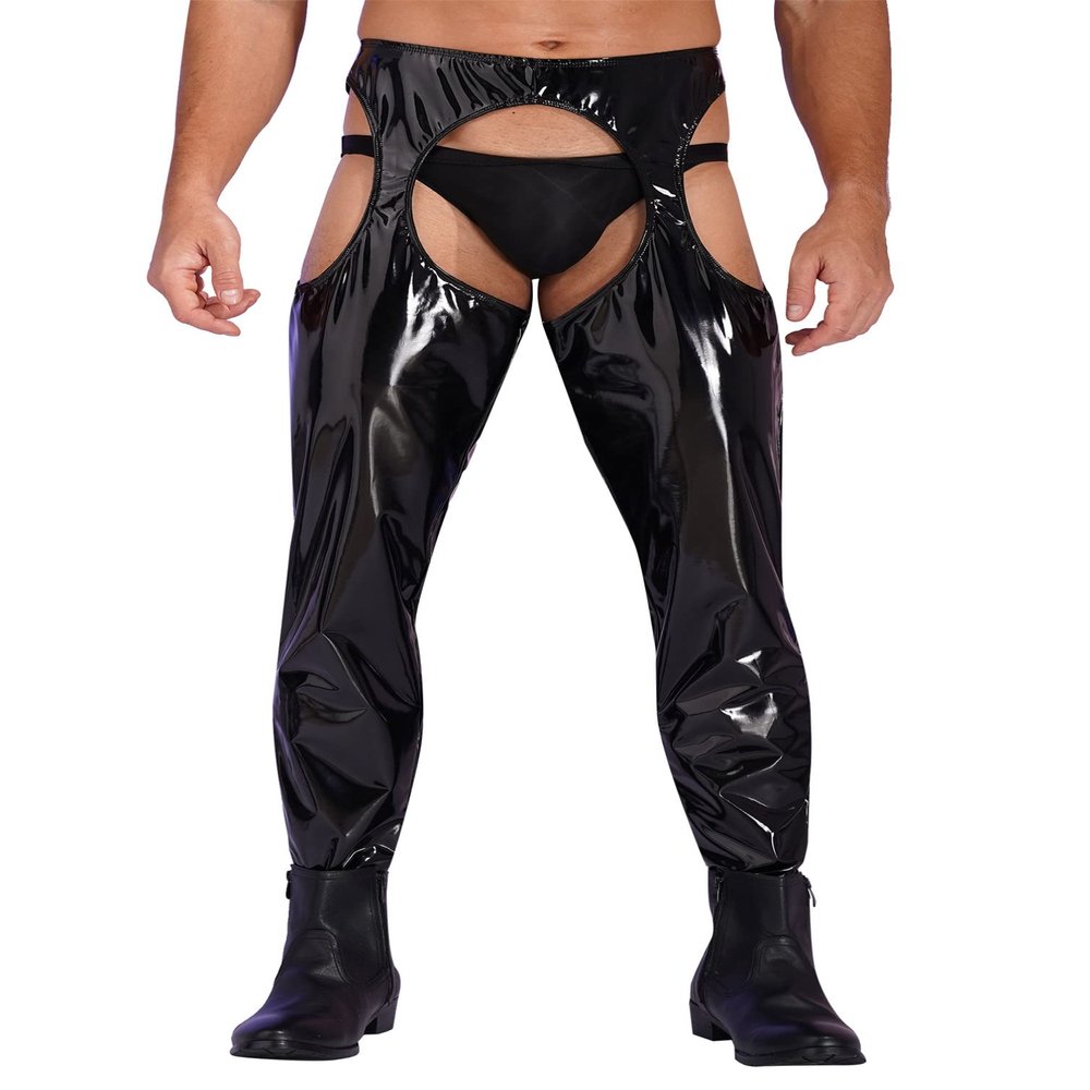 Linjinx Men's PVC Leather Wet Look Thigh-High Tights Suspender Solid Latex Leggings Long Pants Black X-Large