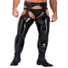 Linjinx Men's PVC Leather Wet Look Thigh-High Tights Suspender Solid Latex Leggings Long Pants Black X-Large view 2