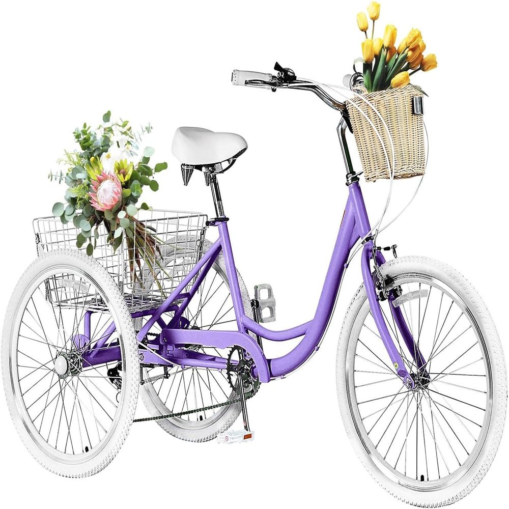 AkiiGer Adult Tricycles for Adults, 7 Speed Adult Trikes, 20/24/26 inch 3 Wheel Bike with Basket, Three-Wheeled Cruiser Bicycles for Women and Men, Without Fenders (Taro Purple, 7-Speed / 24" Wheels)