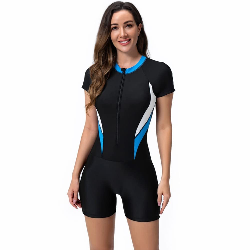 One Piece Rashguard Swimsuit for Women: Boyleg Rash Guard Swimsuit UV Protection Swimwear Surfing Athletic Wetsuit Burkini Swim Shirts Bikini Bathing Suit UPF 50 Unitard Black + Blue White Large
