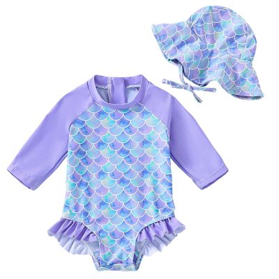 WOLBAY Baby Girl Swimsuit Long Sleeve One Piece Rash Guard with Sun Hat Zipper Bathing Suit Size 0-2T (US, Age, 3 Months, 6 Months, Purple)
