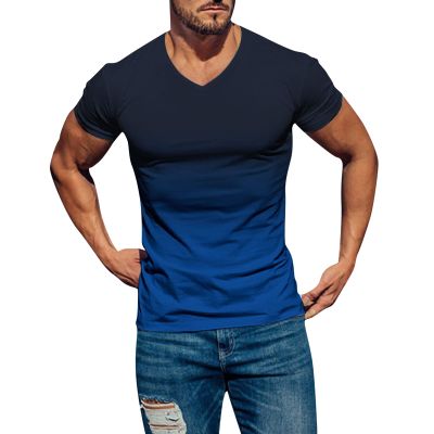 Mens Summer Shirt Gradient Short Sleeve Shirt Casual V Neck Pullover T-Shirt Athletic Workout Tops Basic Muscle Tee