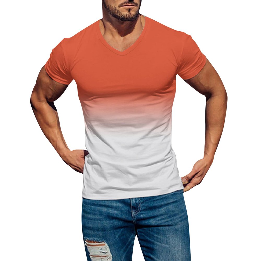 Mens Summer Shirt Gradient Short Sleeve Shirt Casual V Neck Pullover T-Shirt Athletic Workout Tops Basic Muscle Tee