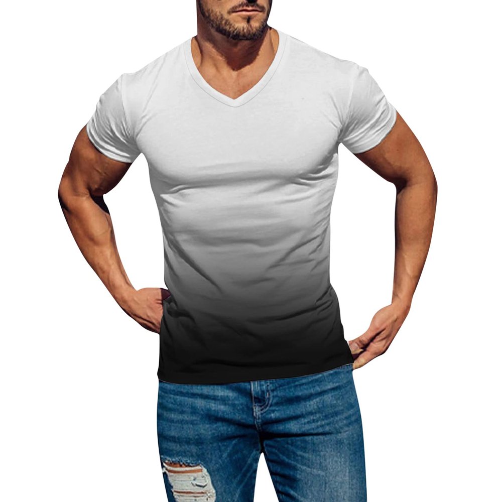 Mens Summer Shirt Gradient Short Sleeve Shirt Casual V Neck Pullover T-Shirt Athletic Workout Tops Basic Muscle Tee
