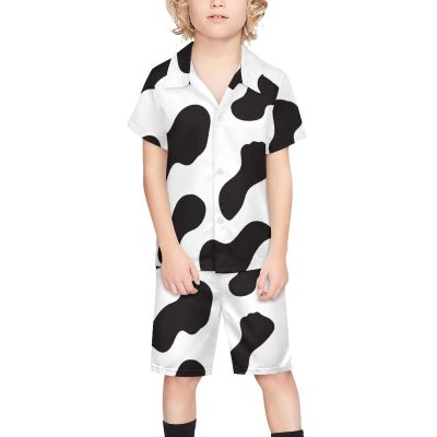 Adugen Origei Cow Print Black And White Color Matching Boy's 2 Piece Outfit Button Down Shirt And Shorts Sets 3-4T
