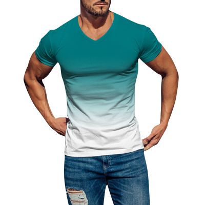 Mens Summer Shirt Gradient Short Sleeve Shirt Casual V Neck Pullover T-Shirt Athletic Workout Tops Basic Muscle Tee