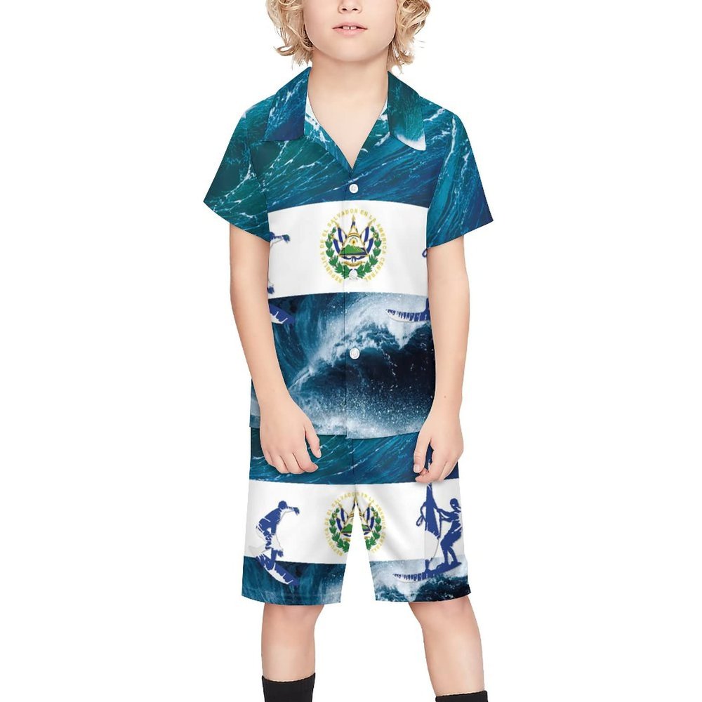 Adugen Origei Boy's 2 Piece El Salvador Flag Short Sleeve Shirt And Shorts Hawaii Suit Children's Beach Suit 7-8T