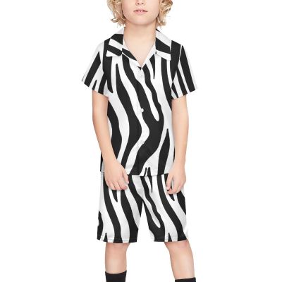 Adugen Origei Boy's 2 Piece Black Zebra Pattern Short Sleeve Shirt And Shorts Hawaii Suit Children's Beach Suit 3-4T