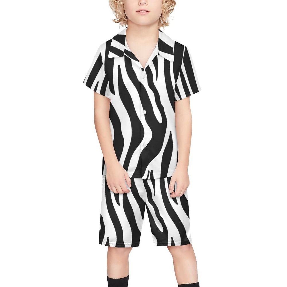 Adugen Origei Boy's 2 Piece Black Zebra Pattern Short Sleeve Shirt And Shorts Hawaii Suit Children's Beach Suit 3-4T