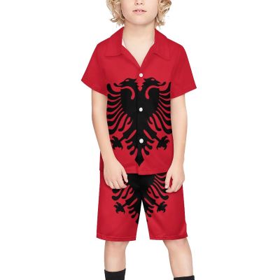 Adugen Origei Albanian Flag Boy's 2 Piece Outfit Button Down Shirt And Shorts Sets 7-8T