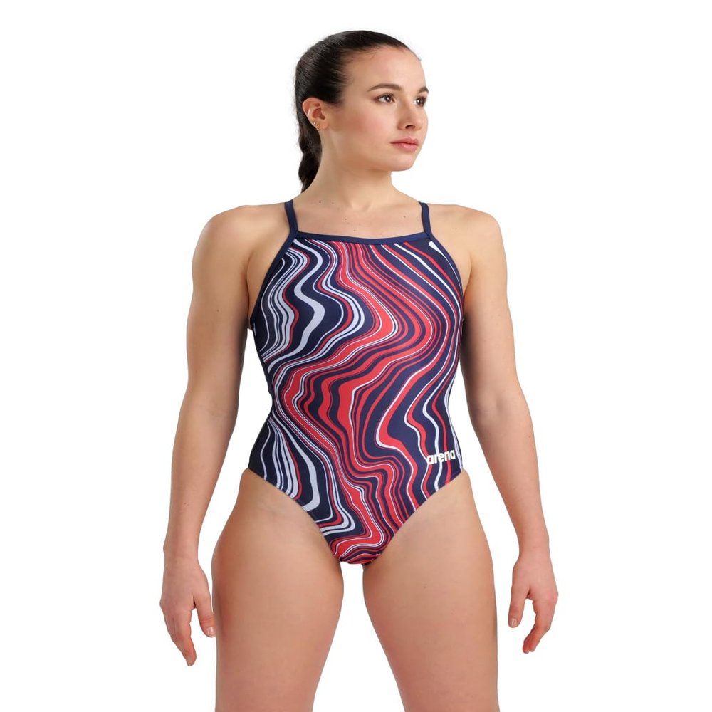 ARENA Performance Marbled Women's Swimsuit Light Drop Back One Piece MaxLife Pool Training Bathing Suit Athletic Sports Swimwear, Navy/Red Multi, US Size 26