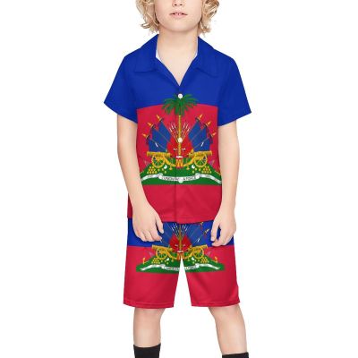 Adugen Origei Boy's 2 Piece Haiti Flag Haiti Flag Short Sleeve Shirt And Shorts Hawaii Suit Children's Beach Suit 7-8T