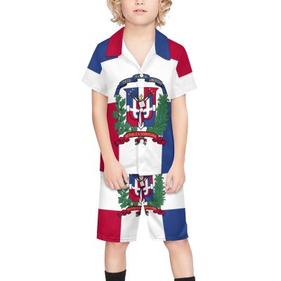 Adugen Origei Dominican Flag Dominican Flag Boy's 2 Piece Outfit Button Down Shirt And Shorts Sets 3-4T
