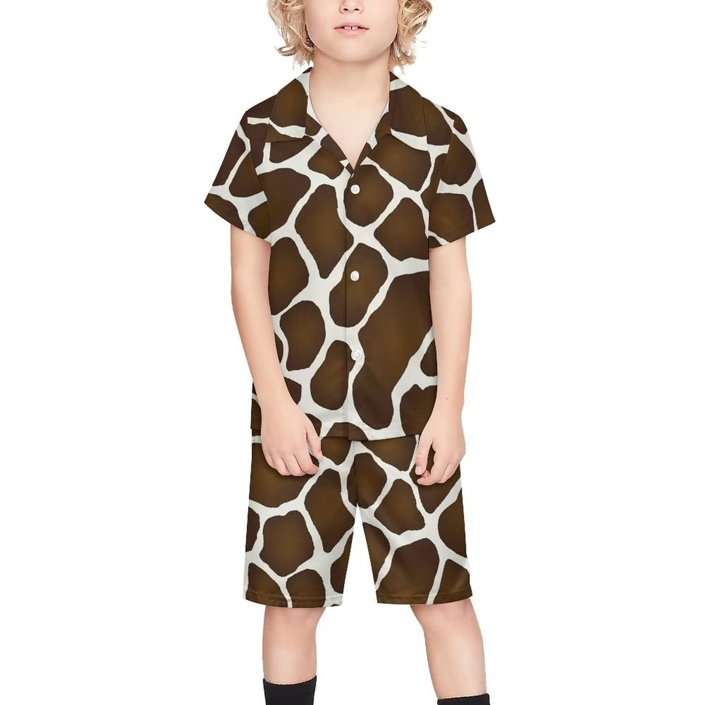 Adugen Origei Boy's 2 Piece Giraffe Pattern Short Sleeve Shirt And Shorts Hawaii Suit Children's Beach Suit 7-8T