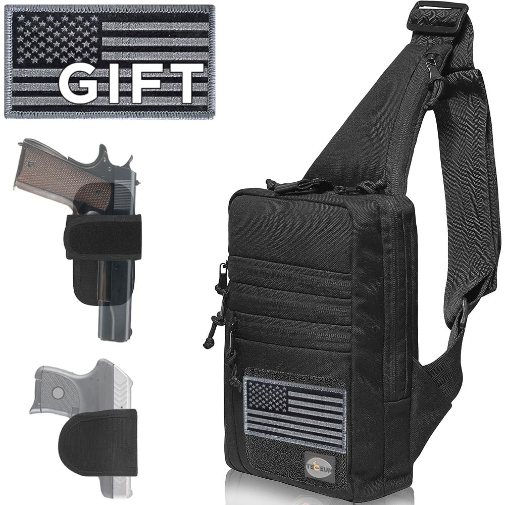 TECEUM Tactical Compact Sling Bag with patch  CCW for Everyday  For R&L Hand  Shoulder Crossbody Bag for Concealed Carry of Handgun  Pack (Black)