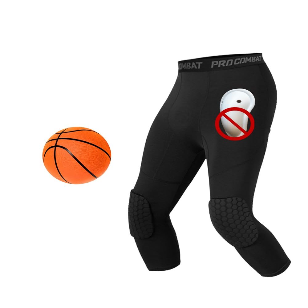 Compression Pants with Knee Pads and Protective Cup for Mens in Baseball Football Lacrosse MMA Basketball and Hockey, Black. (2XL, Legging Only)
