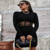 TIORU Women's Dress Sheer Mesh Insert Rib-Knit Bodycon Dress (Color : Black, Size : Small) view 1