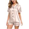 XUNRYAN Satin Silk Pajamas Womens Summer Short Sleeve Sleepwear Soft Satin Button Down Loungewear 2 Piece Pjs Shorts Set Beige view 2