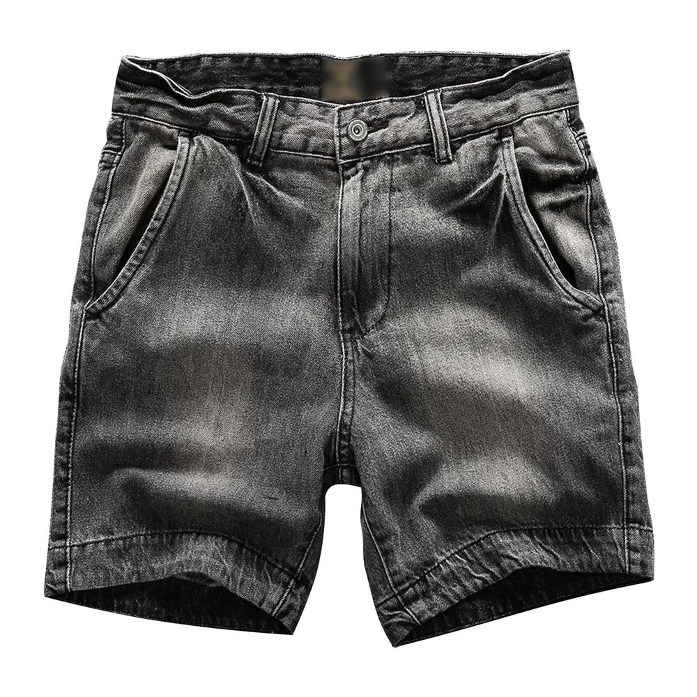 Men's Straight Mid Waist Classic Overalls Cotton Retro Short Pants with Pockets Casual Washed Jean Shorts (Black,34)