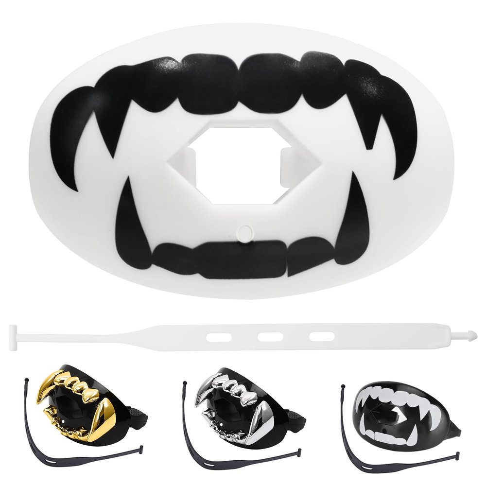 ZAKVOP Football Mouth Guard with Strap, Breathable MouthGuard for Youth and Adults, Teeth and Lip Protector (White Fangs)