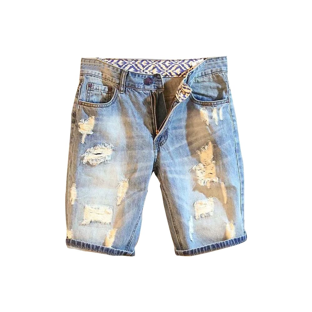 Maiyifu-GJ Men's Ripped Straight Jean Shorts Blue Streetwear Hip-Hop Denim Shorts Zipper Stretchy Short Pant with Pockets (Blue,32)