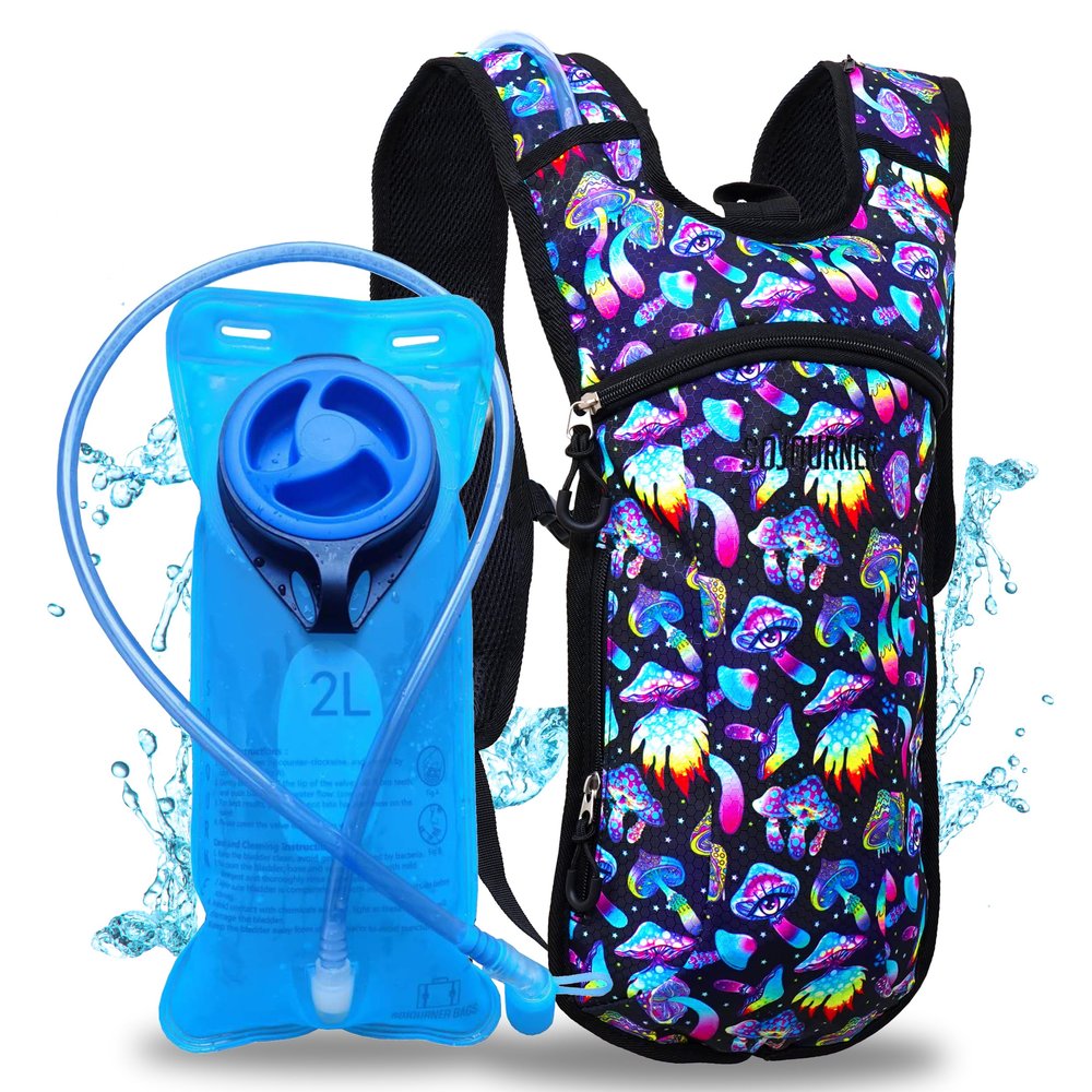 Sojourner Rave Hydration Pack - Hydration Backpack - Hydropack with 2L bladder - Water Backpack for Festivals, Hiking, Running, Biking and more (Magic Mushroom)