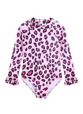 Alakuoti Long Sleeve One Piece Ruffle Swimsuit for Toddler Girls Baby Girl Rashguard Shirt with UPF 50+ Sun Protection (as1, Age, 5_Years, 6_Years, Pink Leopard)
