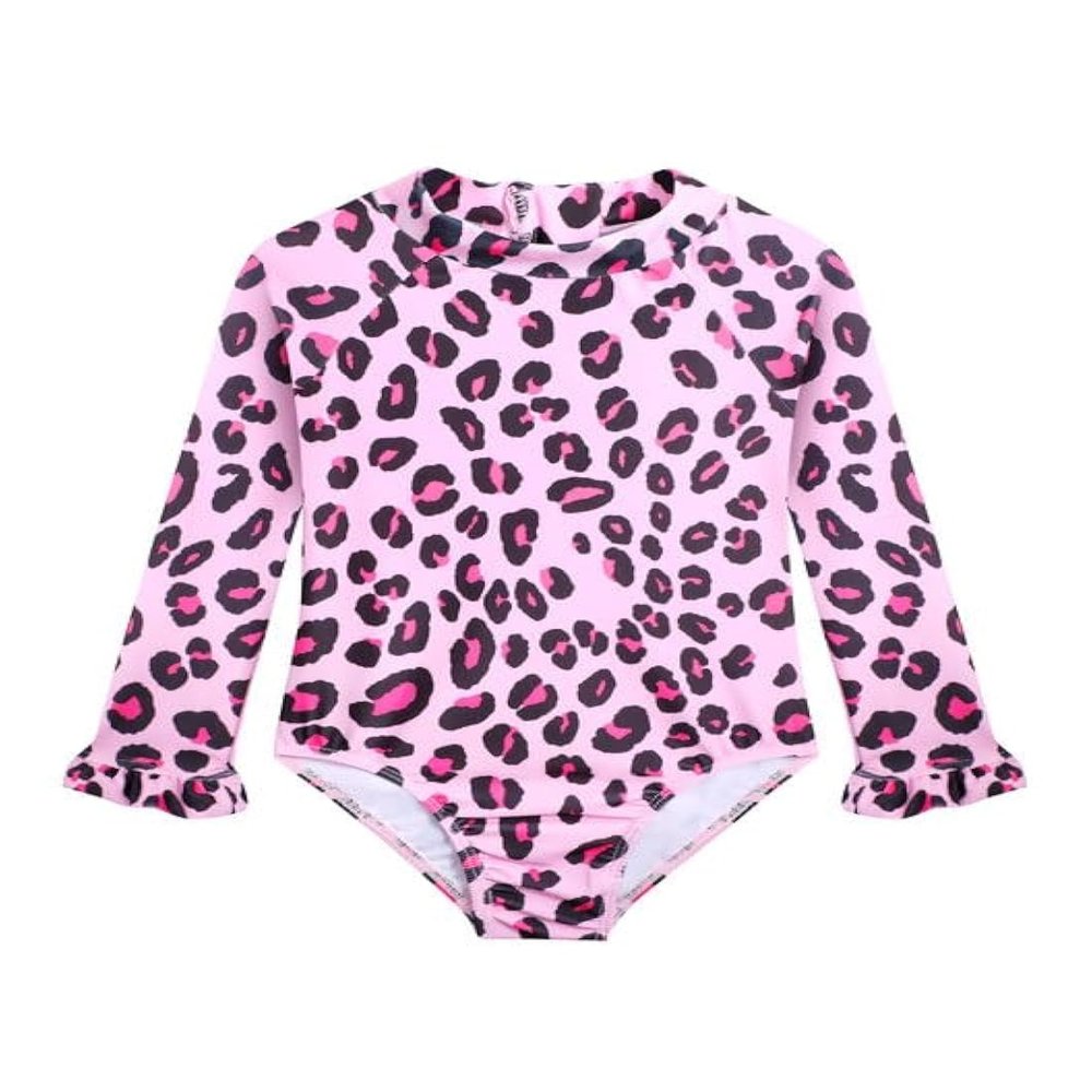 Alakuoti Long Sleeve One Piece Ruffle Swimsuit for Toddler Girls Baby Girl Rashguard Shirt with UPF 50+ Sun Protection (as1, Age, 3_Years, 4_Years, Pink Leopard)