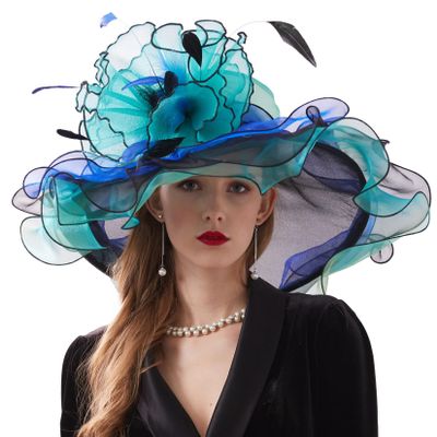 Women's Derby Church Hat Bridal Tea Party Wedding Party Sun Hat with Detachable hat Flower as Fascinators Blue