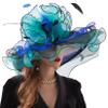 Women's Derby Church Hat Bridal Tea Party Wedding Party Sun Hat with Detachable hat Flower as Fascinators Blue view 2